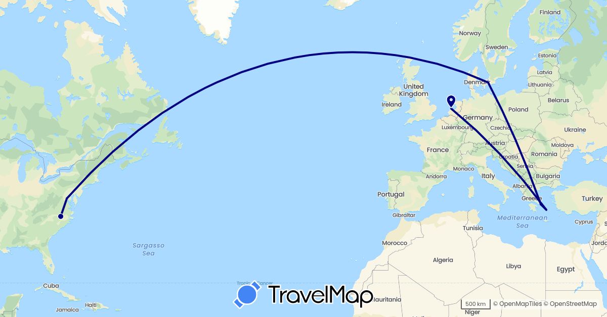 TravelMap itinerary: driving in Denmark, Greece, Netherlands, United States (Europe, North America)